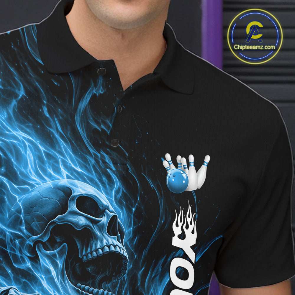 Custom Blue Flame Skull Bowling Polo Shirts, Gothic Halloween Team Bowling Outfit