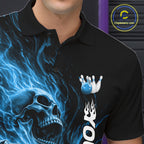 Custom Blue Flame Skull Bowling Polo Shirts, Gothic Halloween Team Bowling Outfit
