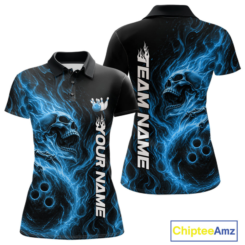Custom Blue Flame Skull Bowling Polo Shirts, Gothic Halloween Team Bowling Outfit