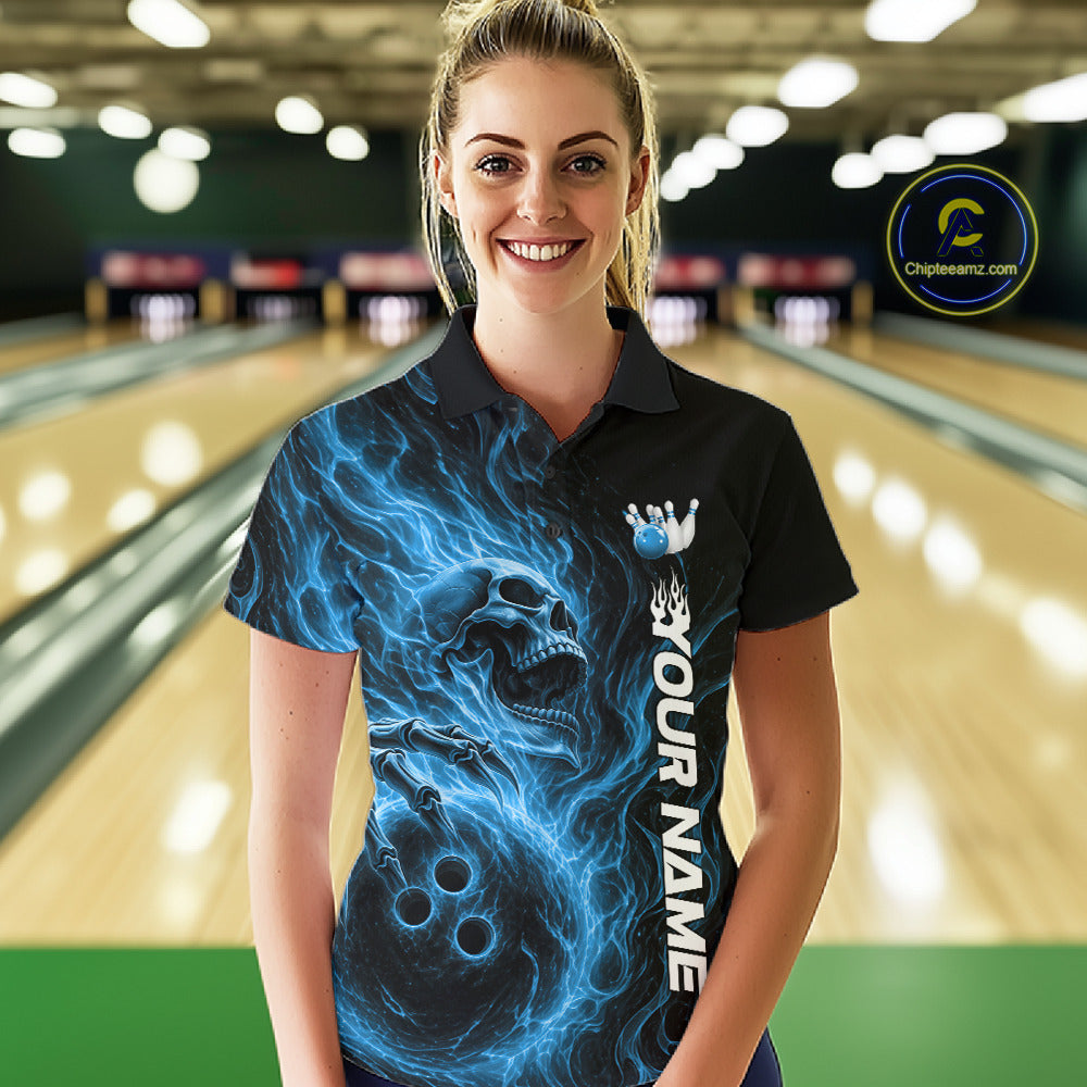 Custom Blue Flame Skull Bowling Polo Shirts, Gothic Halloween Team Bowling Outfit
