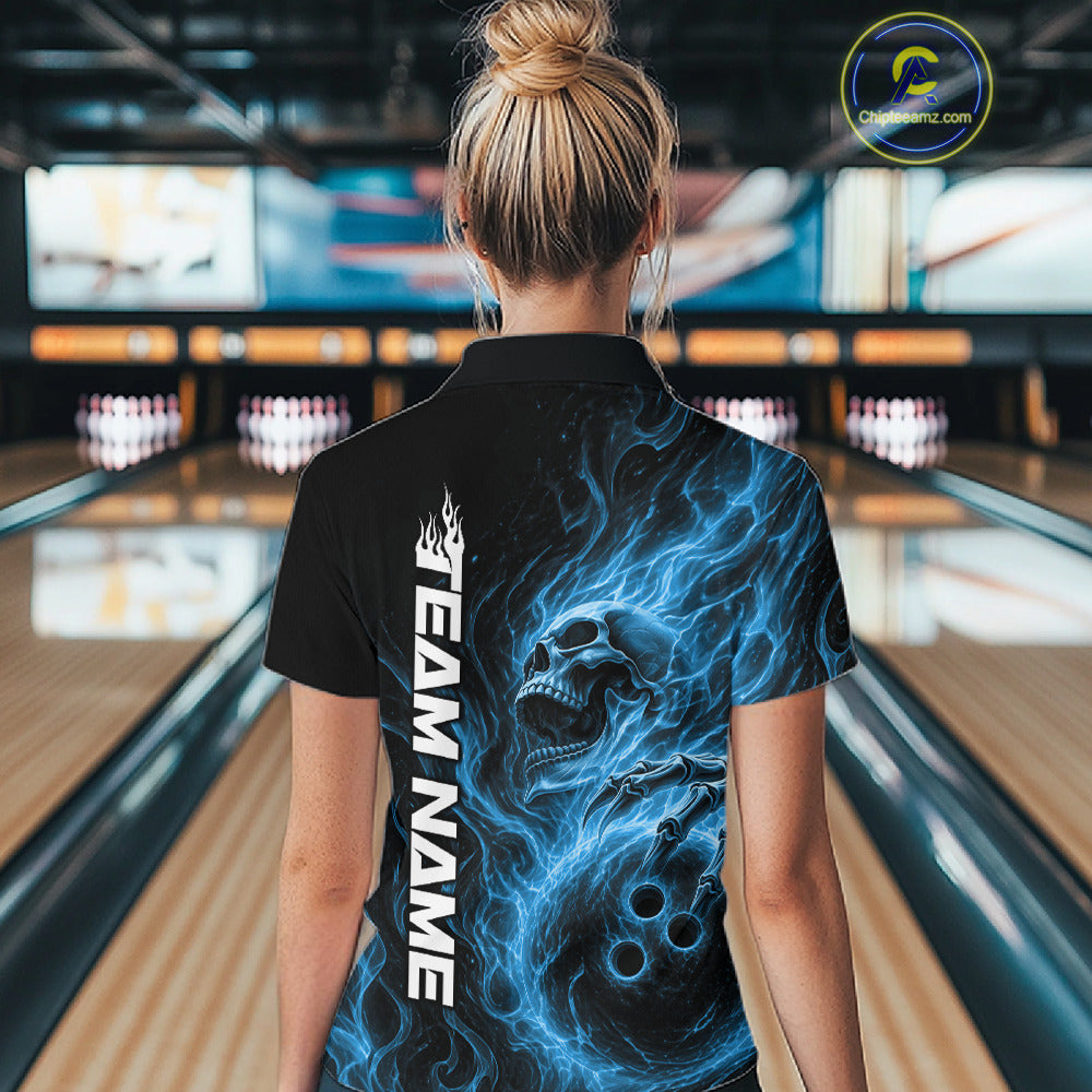 Custom Blue Flame Skull Bowling Polo Shirts, Gothic Halloween Team Bowling Outfit