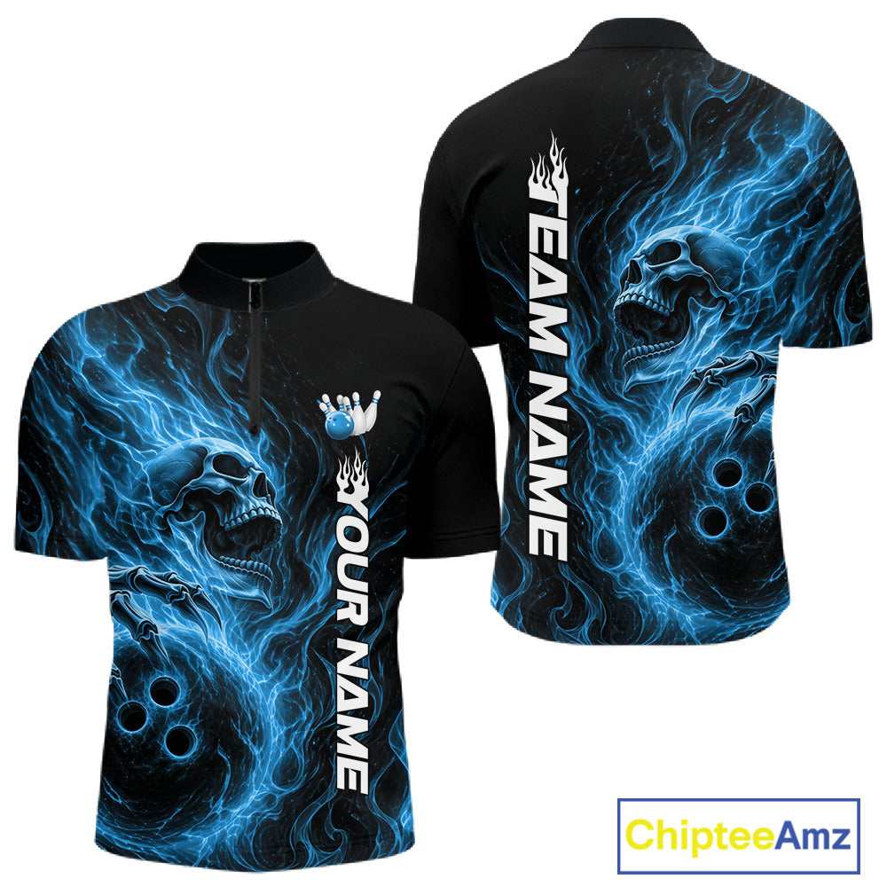 Custom Blue Flame Skull Bowling Quarter-Zip Shirts, Gothic Halloween Team Bowling Outfit