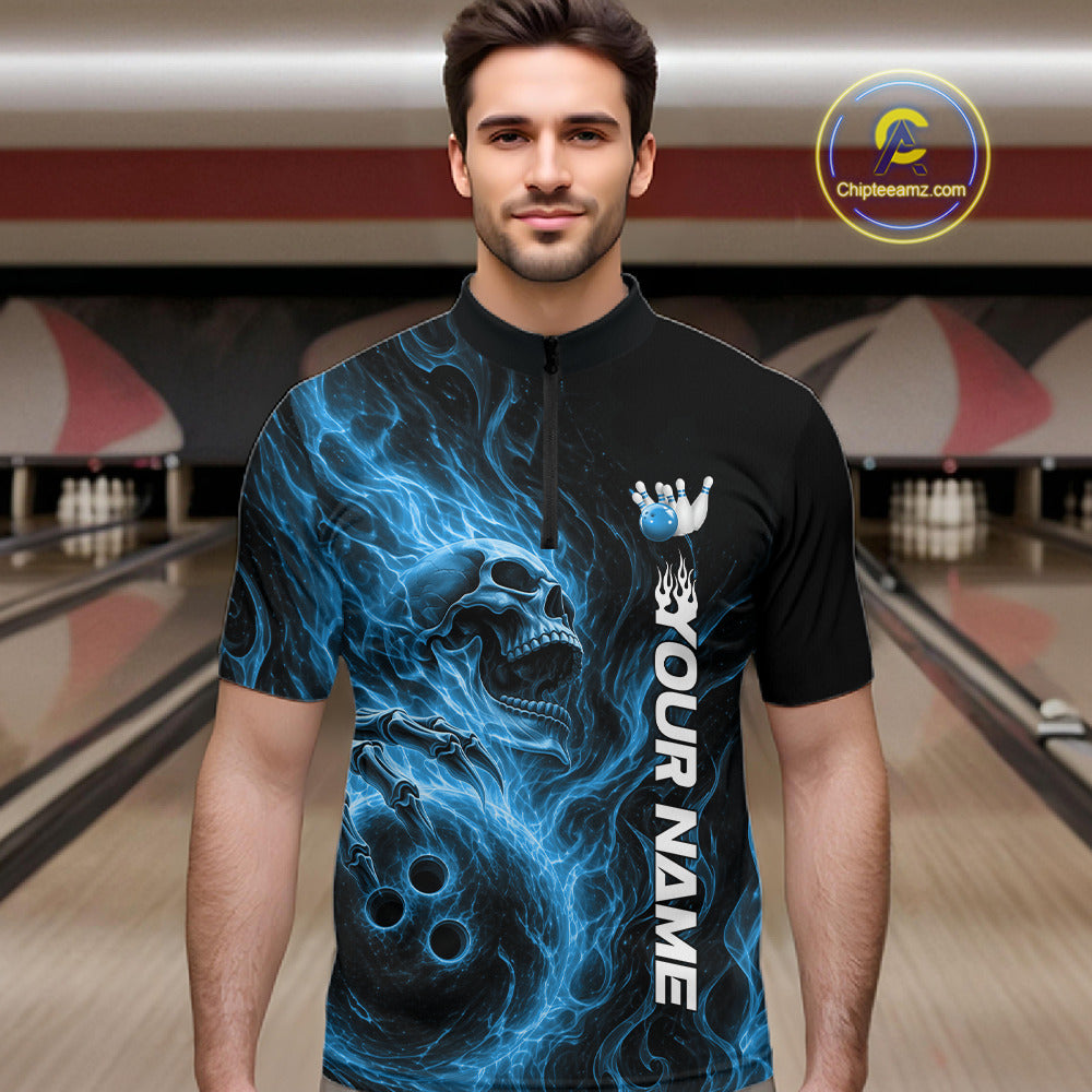 Custom Blue Flame Skull Bowling Quarter-Zip Shirts, Gothic Halloween Team Bowling Outfit