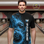 Custom Blue Flame Skull Bowling Quarter-Zip Shirts, Gothic Halloween Team Bowling Outfit
