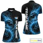Custom Blue Flame Skull Bowling Quarter-Zip Shirts, Halloween Team Bowling Outfit