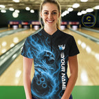 Custom Blue Flame Skull Bowling Quarter-Zip Shirts, Halloween Team Bowling Outfit
