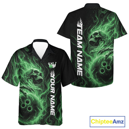 Custom Green Flame Skull Bowling And Hawaiian Shirts, Gothic Halloween Team Bowling Outfit