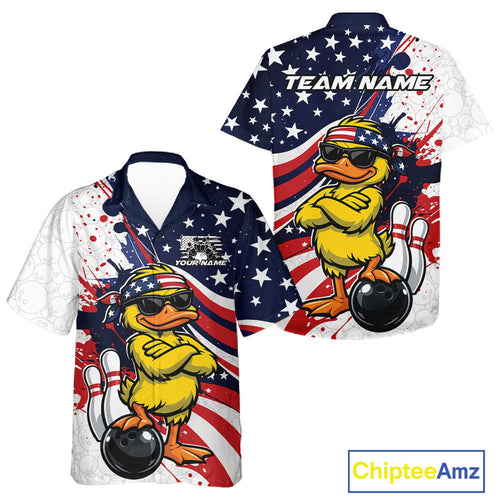 Custom Patriotic Funny Yellow Duck Bowling And Hawaiian Shirt, US Flag Bowling Jerseys