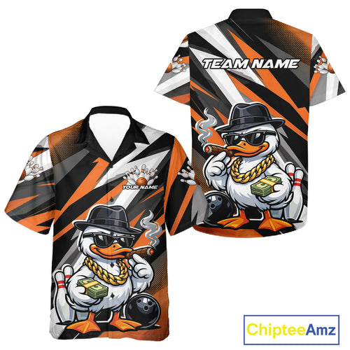 Custom Funny White Boss Duck Bowling And Hawaiian Shirt, Cool Duck Bowling Team Jerseys