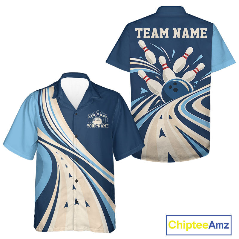 Custom Blue Classic Retro Bowling Team And Button Up Shirt, Bowling League Shirt Uniform