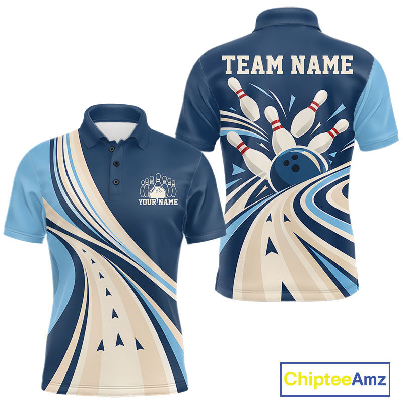Custom Blue Classic Retro Bowling Team Polo Shirt, Bowling League Shirt Uniform