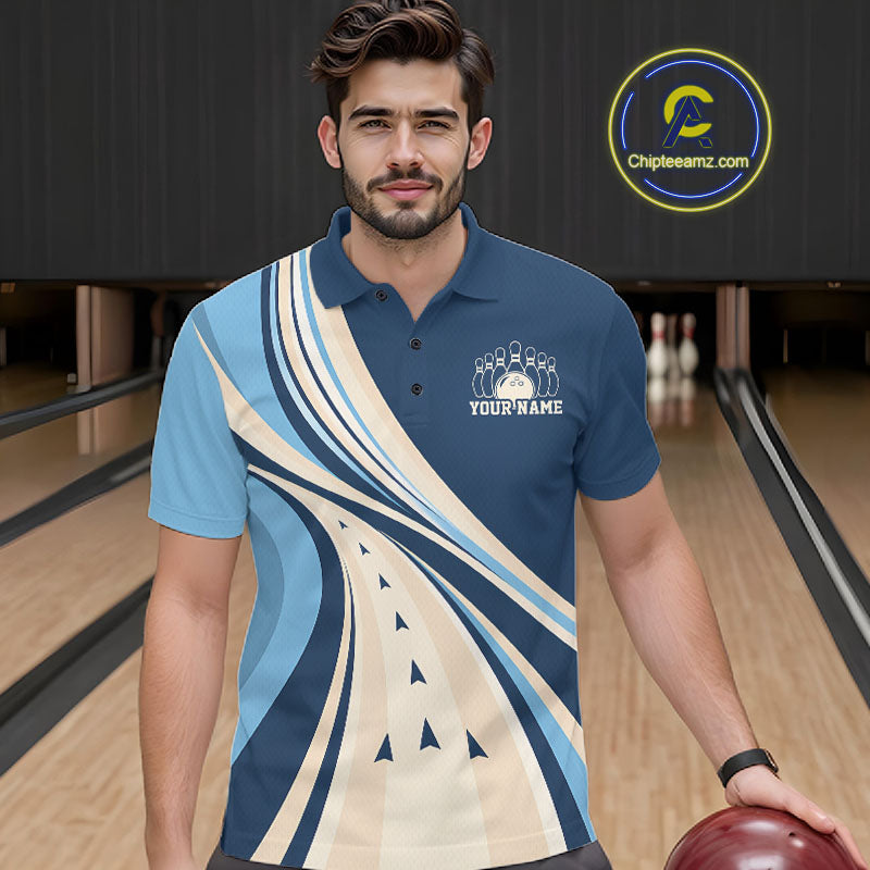 Custom Blue Classic Retro Bowling Team Polo Shirt, Bowling League Shirt Uniform