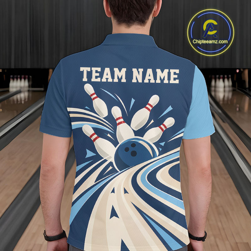 Custom Blue Classic Retro Bowling Team Polo Shirt, Bowling League Shirt Uniform