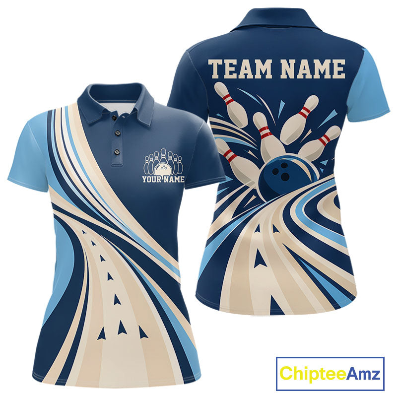 Custom Blue Classic Retro Bowling Team Polo Shirt, Bowling League Shirt Uniform