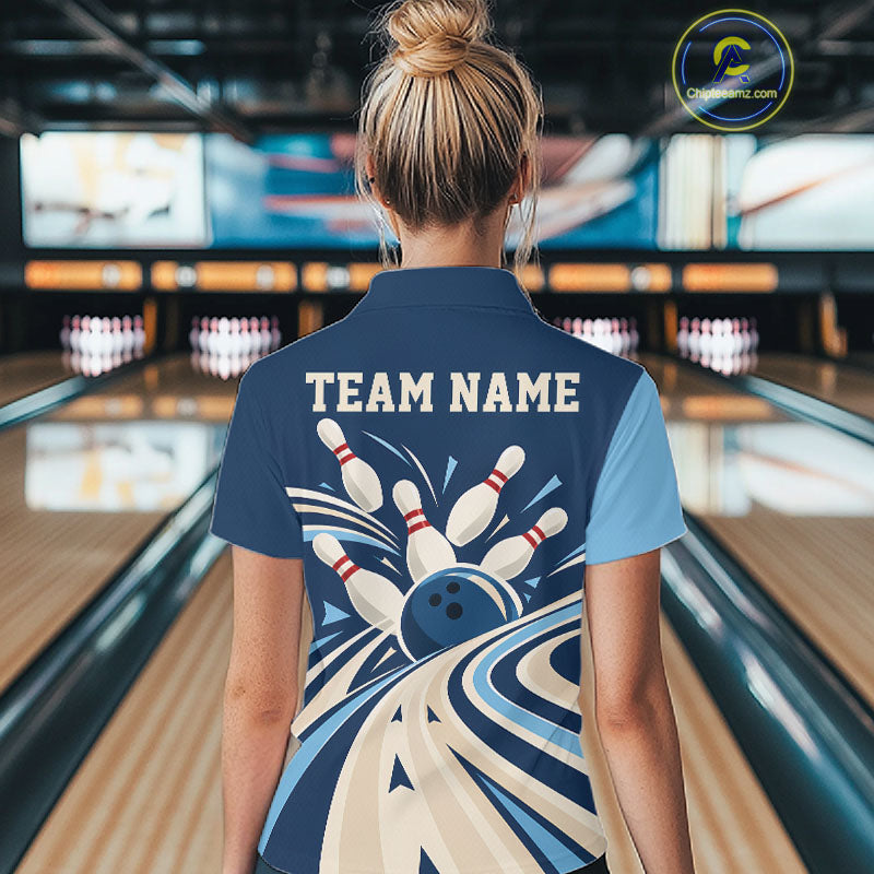 Custom Blue Classic Retro Bowling Team Polo Shirt, Bowling League Shirt Uniform