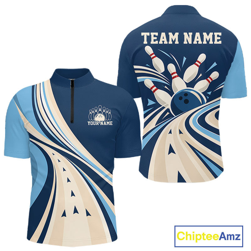 Custom Blue Classic Retro Bowling Team Quarter Zip Shirt, Bowling League Shirt Uniform