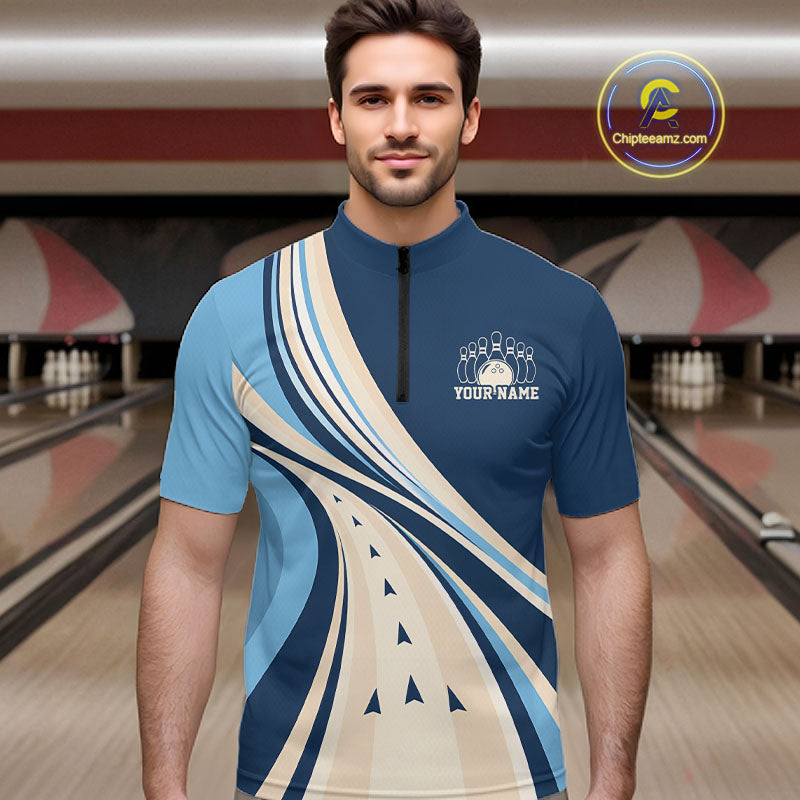 Custom Blue Classic Retro Bowling Team Quarter Zip Shirt, Bowling League Shirt Uniform