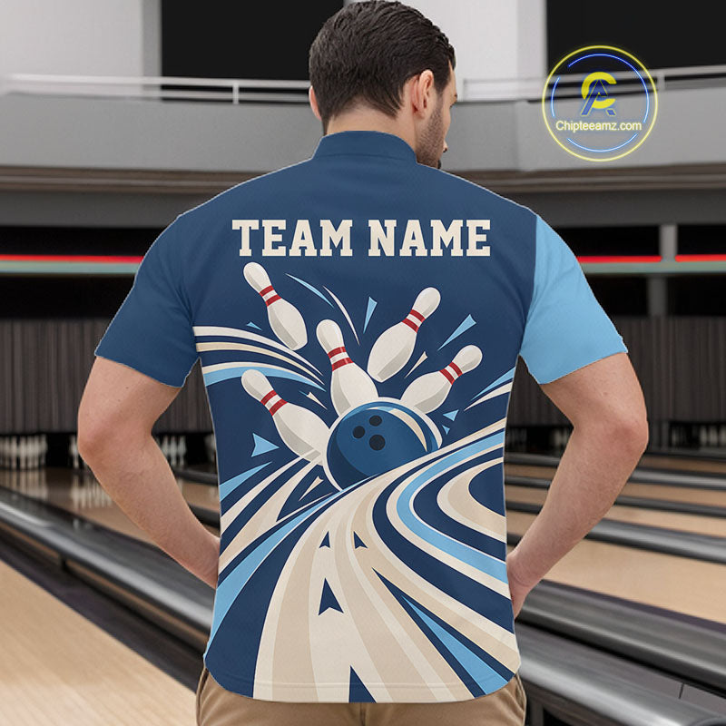 Custom Blue Classic Retro Bowling Team Quarter Zip Shirt, Bowling League Shirt Uniform