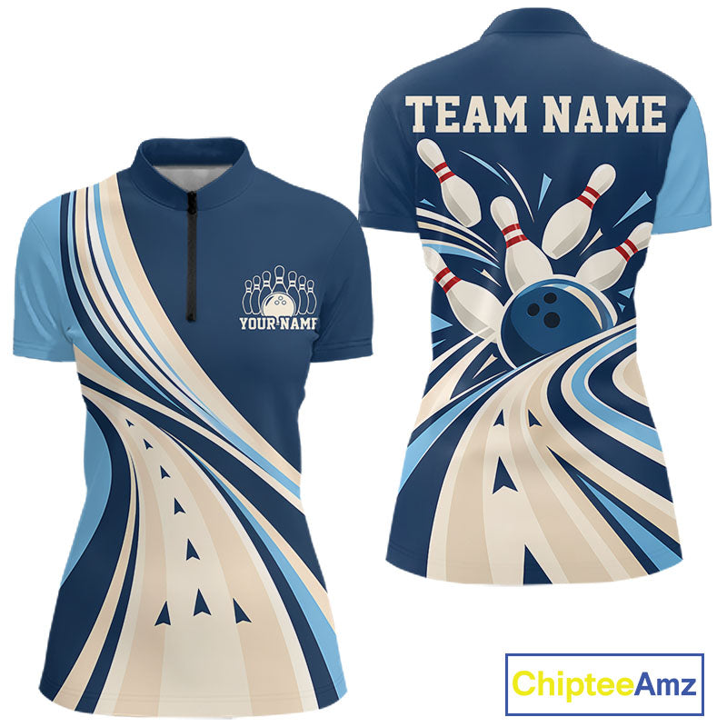 Custom Blue Classic Retro Bowling Quarter-Zip Shirt, Bowling League Shirt Uniform