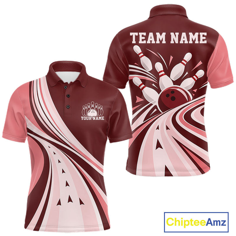 Custom Burgundy Red Classic Retro Bowling Team Polo Shirt, Bowling League Shirt