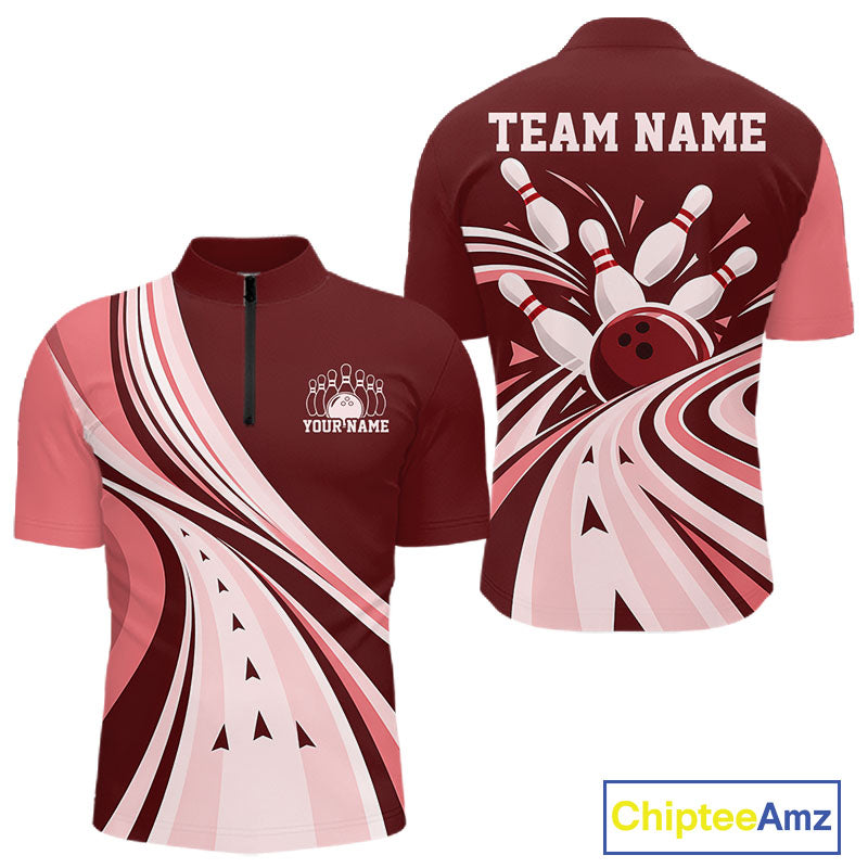 Custom Burgundy Red Classic Retro Bowling Team Quarter Zip Shirt, Bowling League Shirt