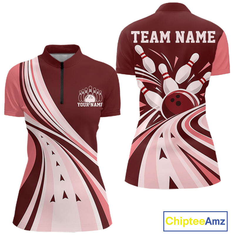 Custom Burgundy Red Classic Retro Bowling Quarter-Zip Shirt, Bowling League Shirt