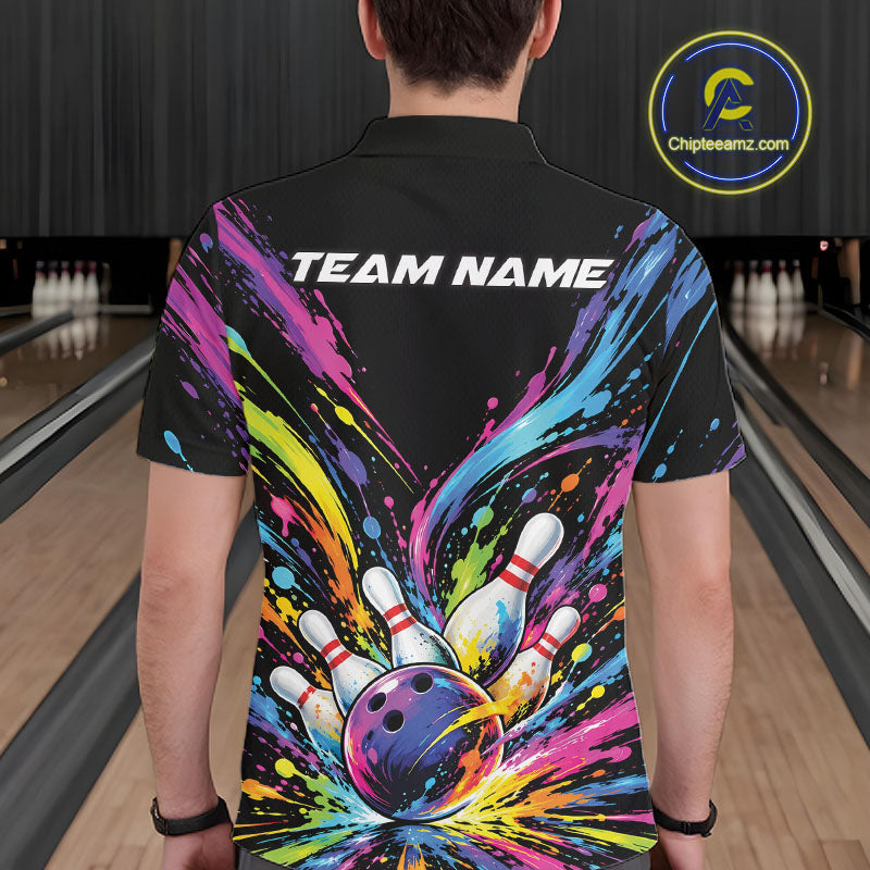 Custom Colorful Splatter Polo Bowling Shirt, Bowling League Matching Team Shirt