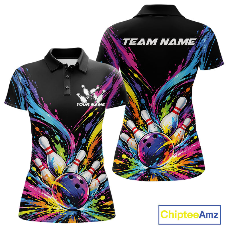 Custom Colorful Splatter Polo Bowling Shirt, Bowling League Matching Team Shirt