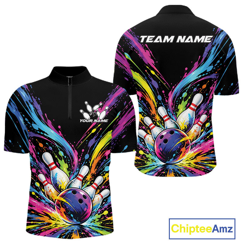 Custom Colorful Splatter Quarter Zip Bowling Shirt, Bowling League Matching Team Shirt