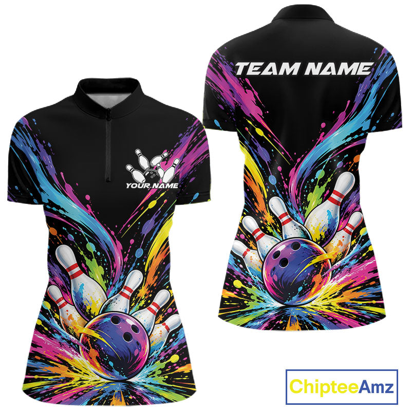 Custom Colorful Splatter Quarter-Zip Bowling Shirt, Bowling League Team Shirt
