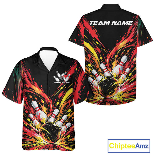 Custom Red Orange Splatter And Button Up Bowling Shirt, Bowling League Matching Team Shirt