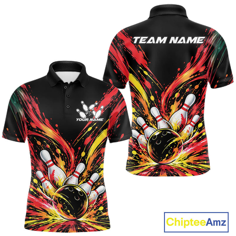 Custom Red Orange Splatter Polo Bowling Shirt, Bowling League Matching Team Shirt