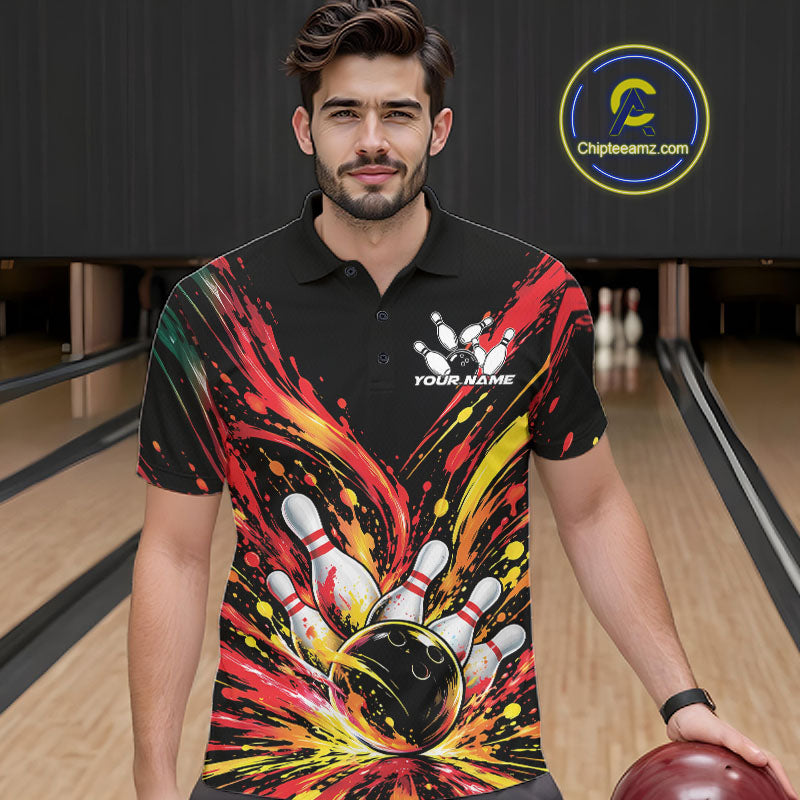 Custom Red Orange Splatter Polo Bowling Shirt, Bowling League Matching Team Shirt