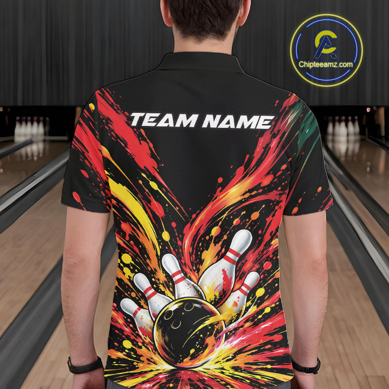Custom Red Orange Splatter Polo Bowling Shirt, Bowling League Matching Team Shirt