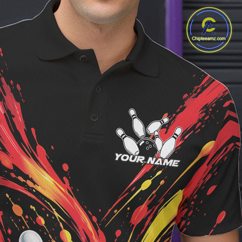 Custom Red Orange Splatter Polo Bowling Shirt, Bowling League Matching Team Shirt