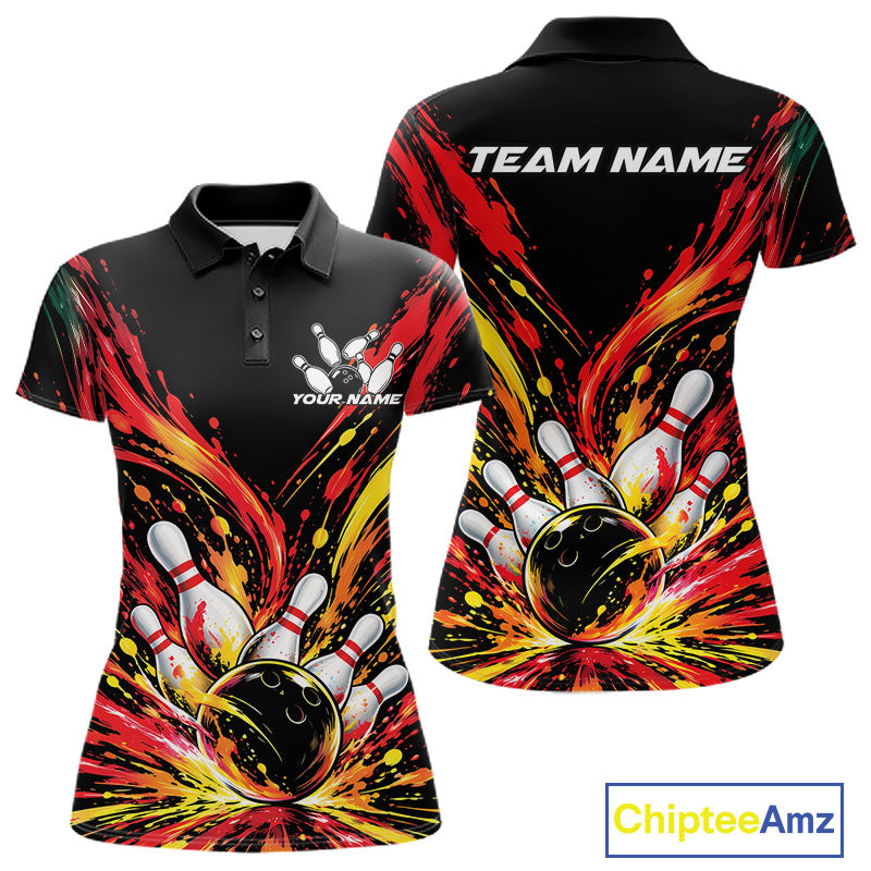 Custom Red Orange Splatter Polo Bowling Shirt, Bowling League Matching Team Shirt