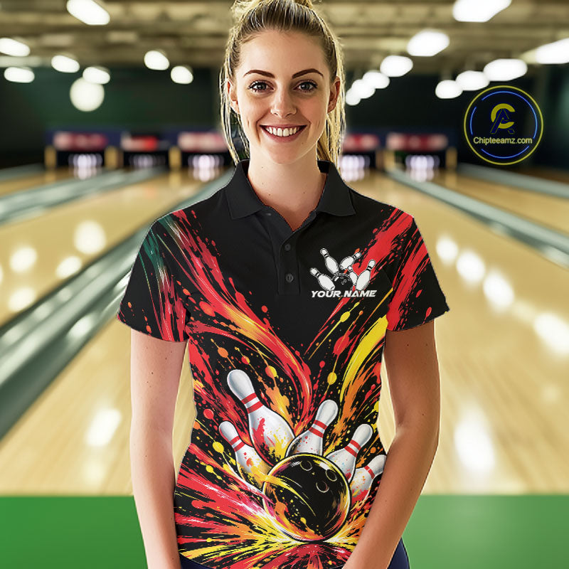 Custom Red Orange Splatter Polo Bowling Shirt, Bowling League Matching Team Shirt