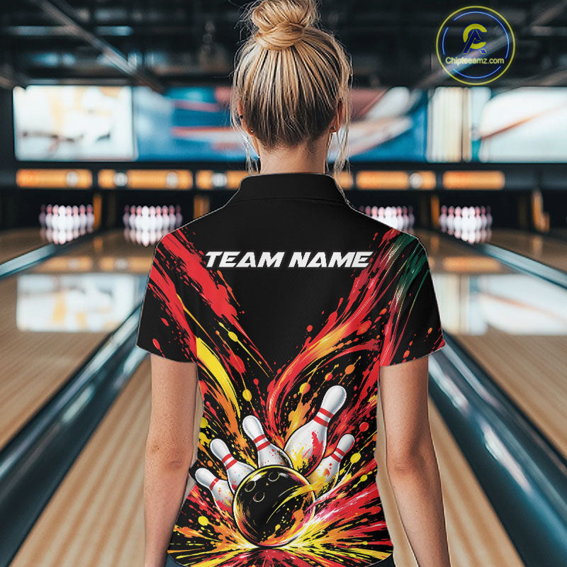 Custom Red Orange Splatter Polo Bowling Shirt, Bowling League Matching Team Shirt