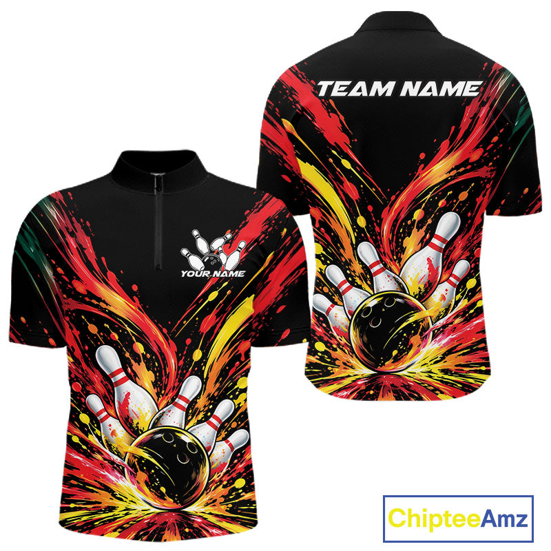 Custom Red Orange Splatter Quarter Zip Bowling Shirt, Bowling League Matching Team Shirt