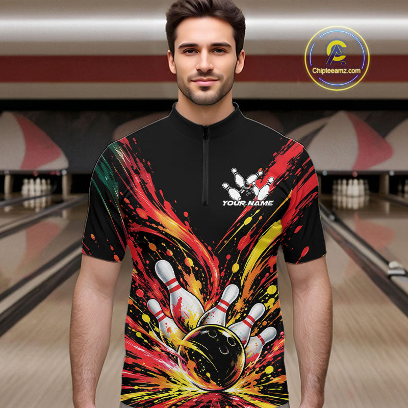 Custom Red Orange Splatter Quarter Zip Bowling Shirt, Bowling League Matching Team Shirt