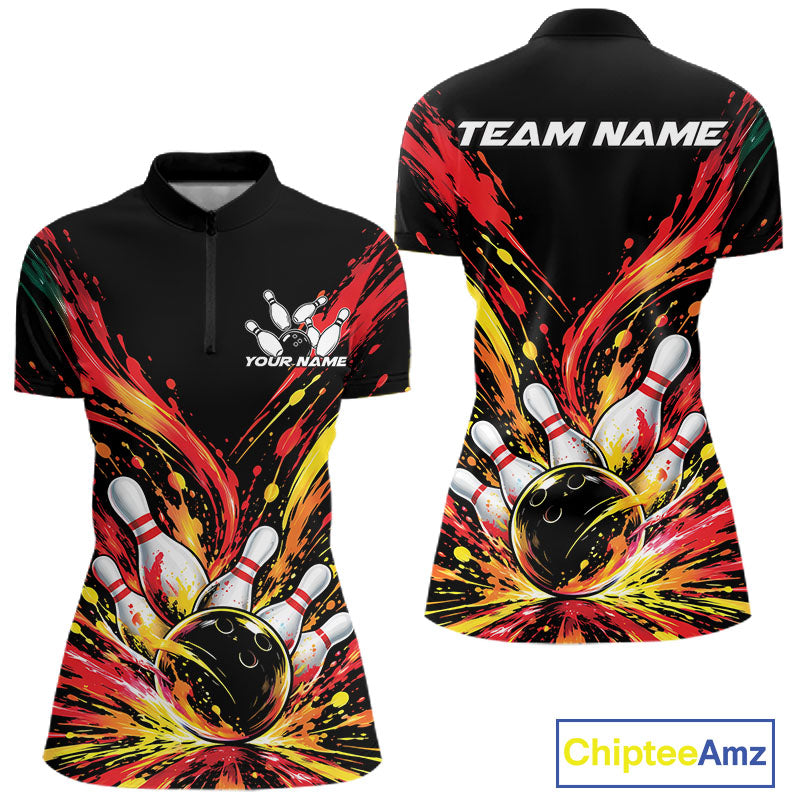 Custom Red Orange Splatter Quarter-Zip Bowling Shirt, Bowling League Team Shirt