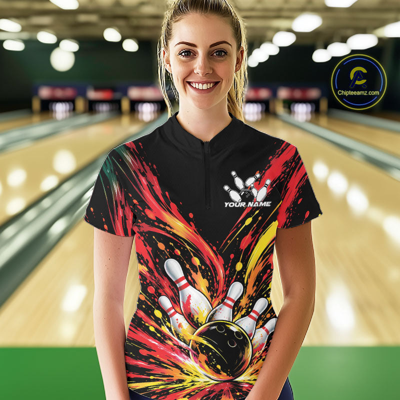 Custom Red Orange Splatter Quarter-Zip Bowling Shirt, Bowling League Team Shirt