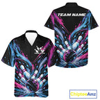Custom Blue Purple Pink Splatter And Button Up Bowling Shirt, Bowling Matching Team Shirt