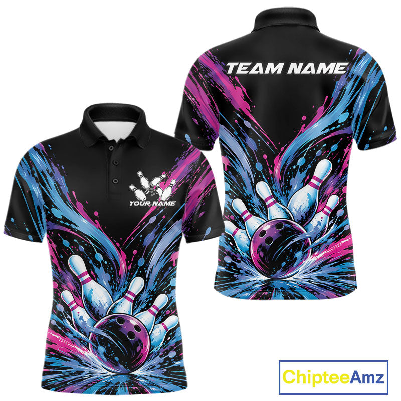 Custom Blue Purple Pink Splatter Polo Bowling Shirt, Bowling Matching Team Shirt