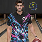 Custom Blue Purple Pink Splatter Polo Bowling Shirt, Bowling Matching Team Shirt