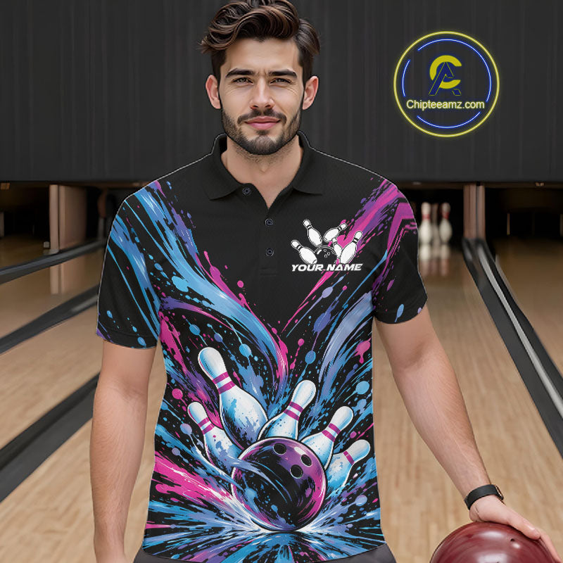 Custom Blue Purple Pink Splatter Polo Bowling Shirt, Bowling Matching Team Shirt