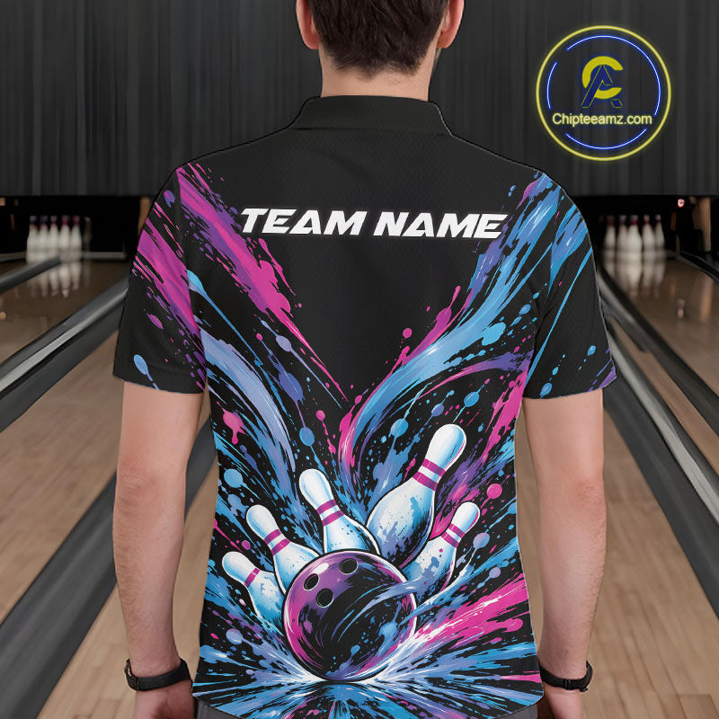 Custom Blue Purple Pink Splatter Polo Bowling Shirt, Bowling Matching Team Shirt