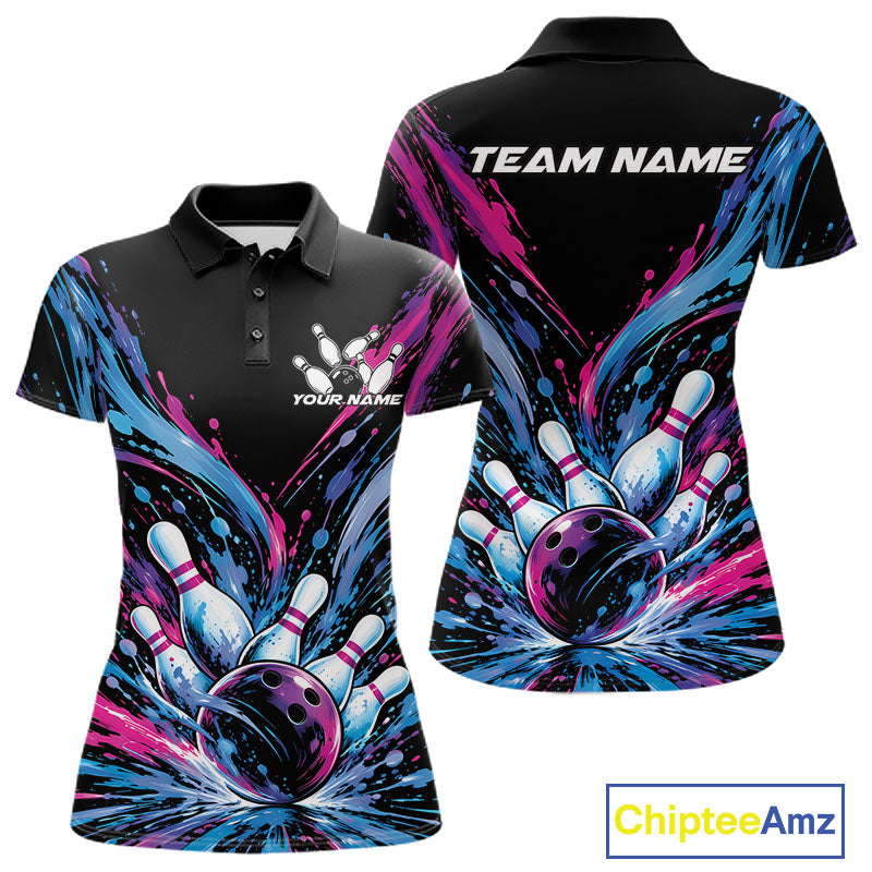 Custom Blue Purple Pink Splatter Polo Bowling Shirt, Bowling Matching Team Shirt