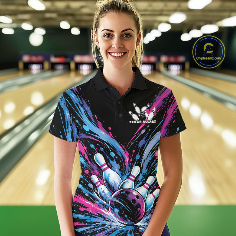 Custom Blue Purple Pink Splatter Polo Bowling Shirt, Bowling Matching Team Shirt