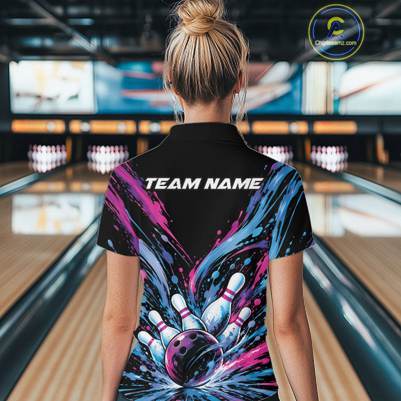 Custom Blue Purple Pink Splatter Polo Bowling Shirt, Bowling Matching Team Shirt